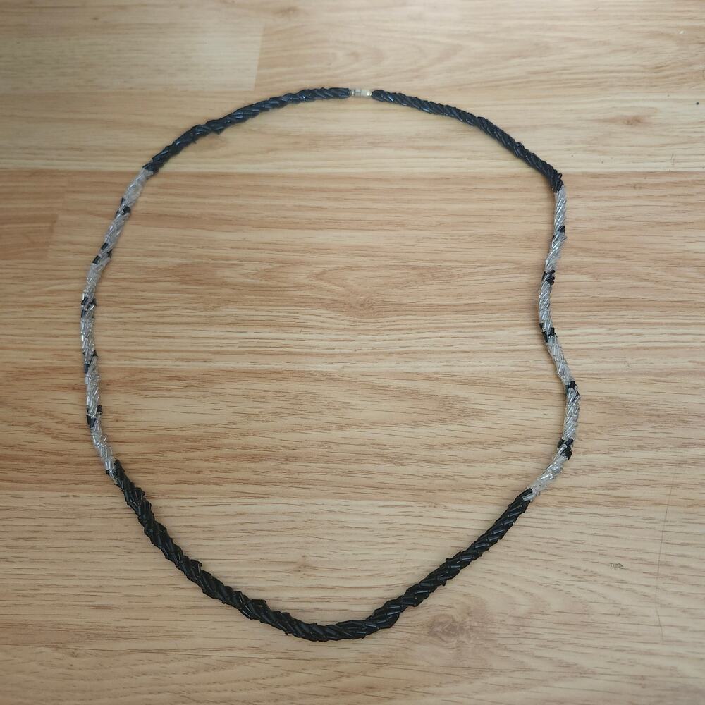Black Clear Bugle Bead Twisted Torsade Long Multi Strand Necklace Barrel Clasp
